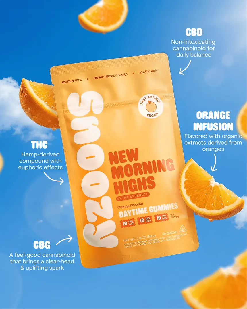 Snoozy | Gomitas EXTRA Strength New Morning Highs con Delta 9 THC 10 mg/pza + CBD 10 mg/pza + CBG 10 mg/pza | 2 o 20 piezas