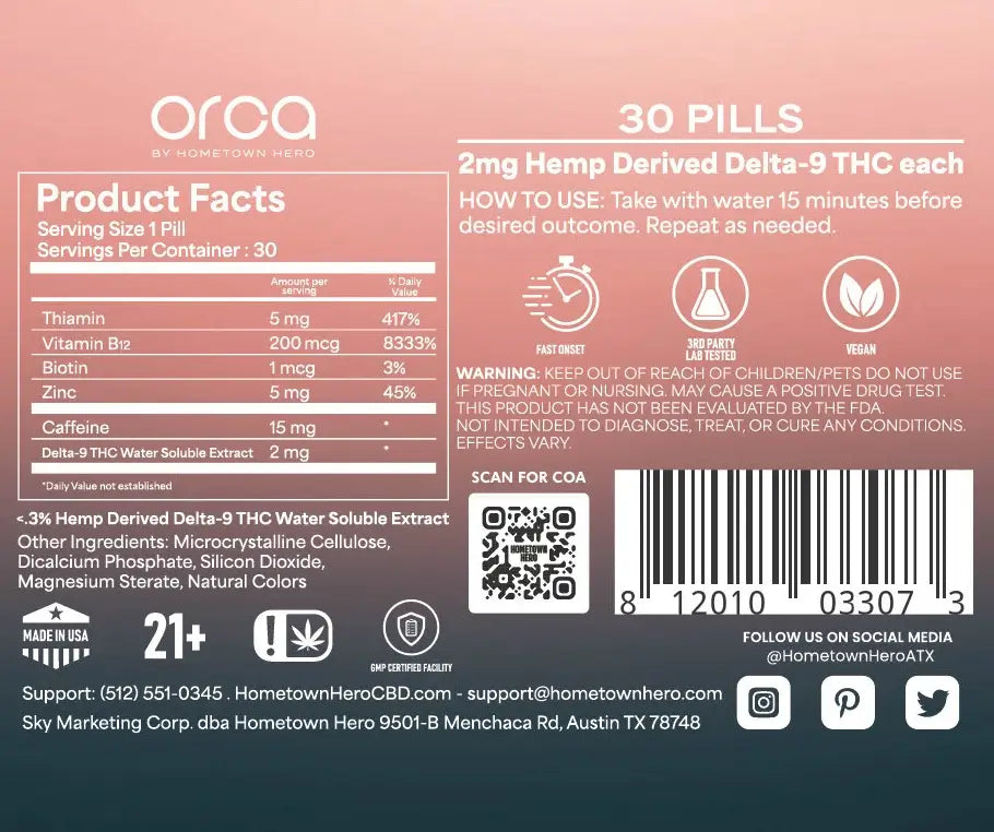 Hometown Hero | Orca Energy Microdose Delta 9 THC 10 mg/pza + Cafeina 15 mg/pza + B12 200 mg/pza | 30 piezas