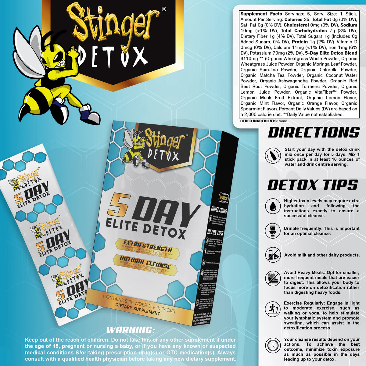 Stinger | Detox Drink Mix - 5 Stick Packs | Limpia tu sistema del cannabis