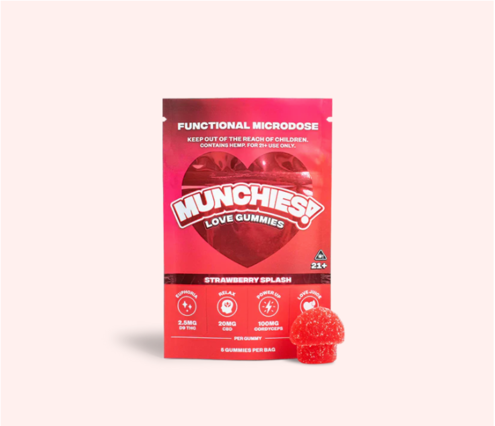 Munchies | Love Gummies Strawberry Splash Delta 9 THC 2.5mg/pza + CBD 20 mg/pza + Cordyceps 100 mg/pza | 5 piezas