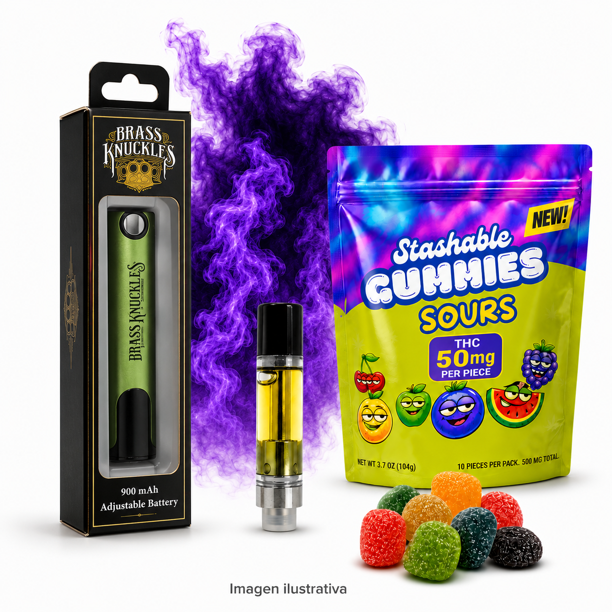 Combo Starter Kit | God´s Beard Cartucho de Wax Live Shatter HHC + HHC-P 1000 mg  (1 ml) + Gomitas Stashable Delta 9 THC 50mg/pza 10 piezas + Brass Knuckles Batería para Cartucho de Wax 900 mAh