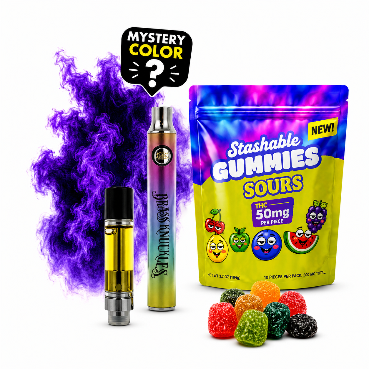 Combo Starter Kit | God´s Beard Cartucho de Wax Live Shatter HHC + HHC-P 1000 mg  (1 ml) + Gomitas Stashable Delta 9 THC 50mg/pza 10 piezas + Brass Knuckles Batería para Cartucho de Wax 900 mAh