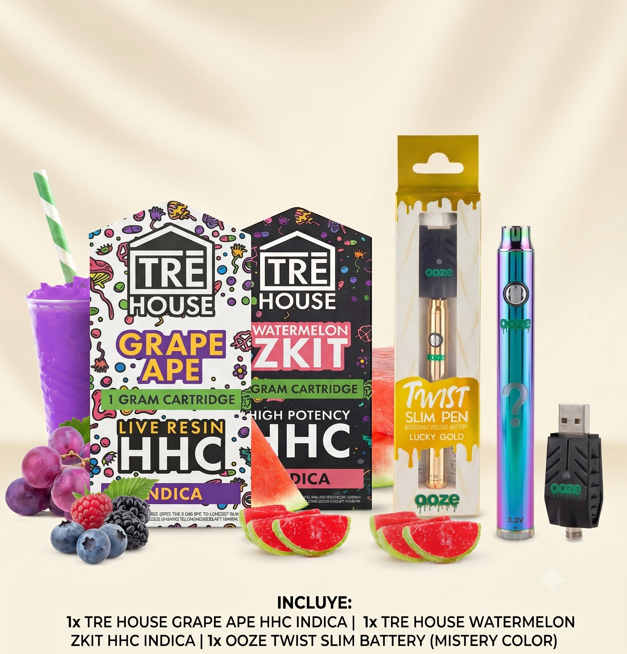 Combo Tre House | Dos Carts Tre House Cartucho de Wax Desechable HHC 1000 mg | 1 ml + Batería MISTERY COLOR para Cartucho de Wax