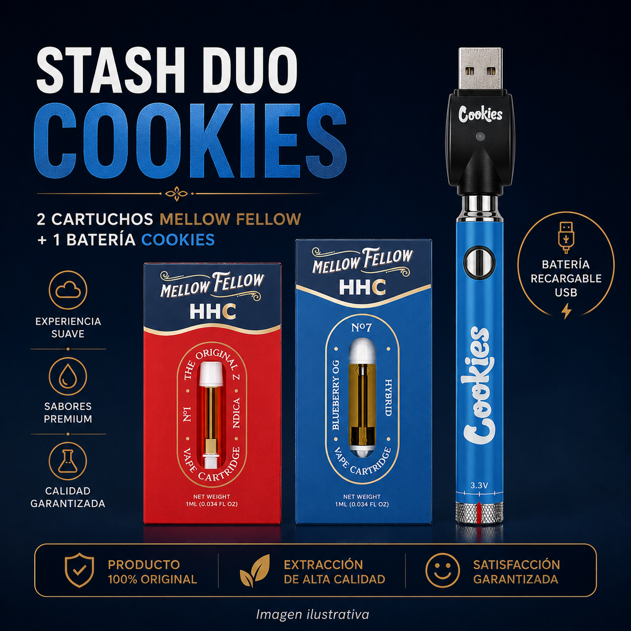 Stash Duo Cookies 🍪  | Dos Carts Mellow Fellow de Wax PREMIUM HHC 1000 mg  | 1 ml + Batería Cookies Ajustable para Cartucho de Wax 900 mAh