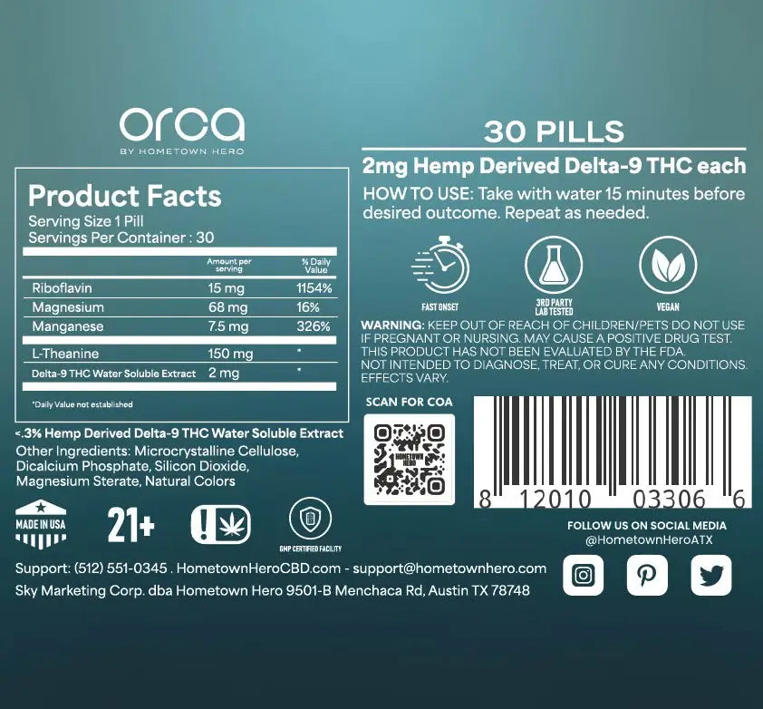Hometown Hero | Orca Recove Microdose Delta 9 THC 10mg/pza + L-Theanine 150 mg/pza + Magnesium 68mg/pza | 30 piezas