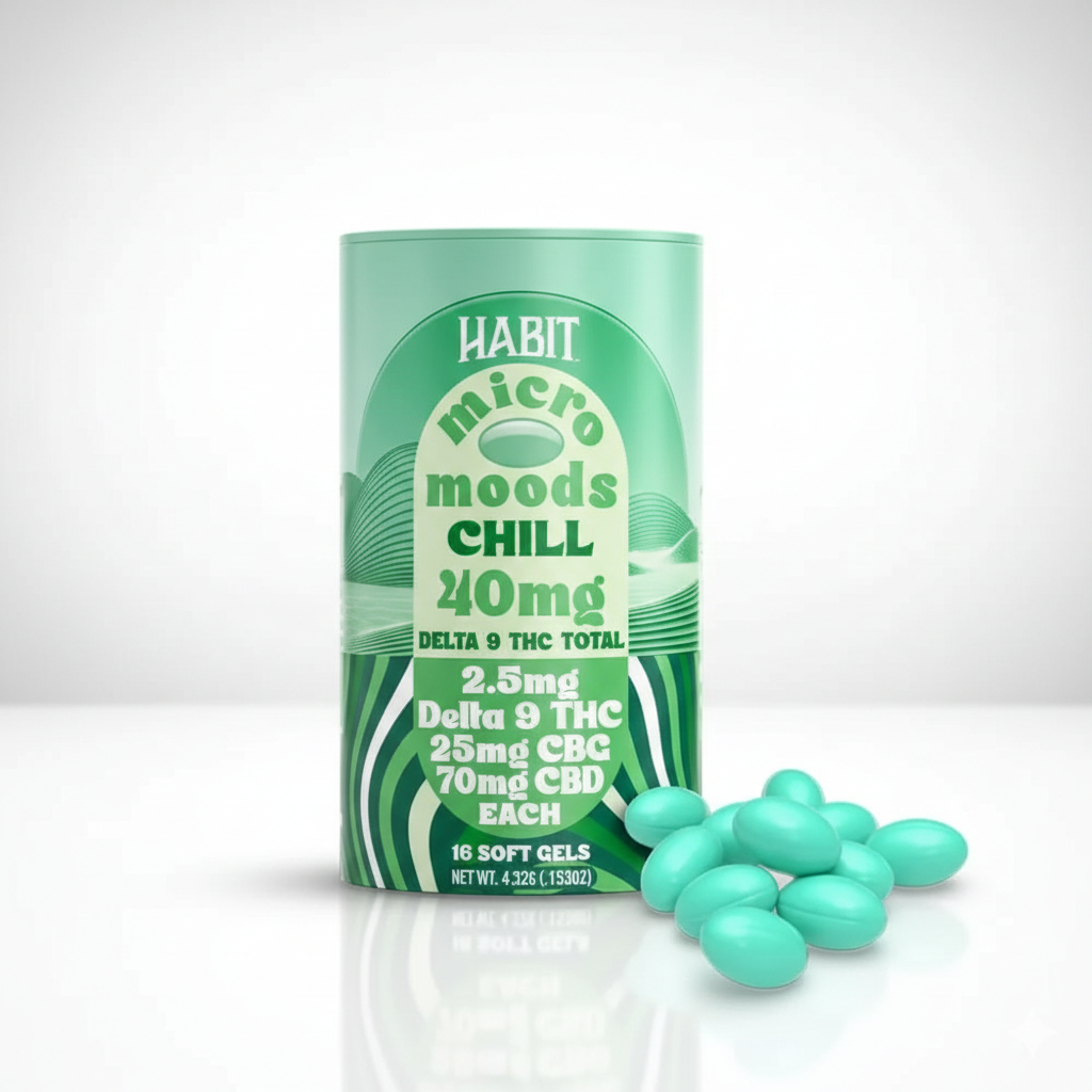 Habit | Chill Capsulas de Gel Delta 9 THC 2.5 mg/pza + CBG 25mg/pza + CBD 70mg/pza | 16 piezas