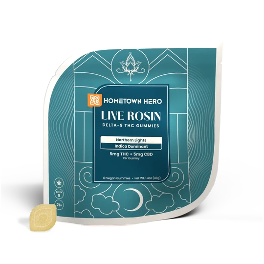 Hometown hero | Gomitas Live Rosin Delta 9 THC 5 mg/pza +5 mg/pza CBD | 10 piezas